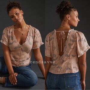 Anthropologie Forever That Girl Sequin Ruffle Blouse Pink Cream 1X NWT